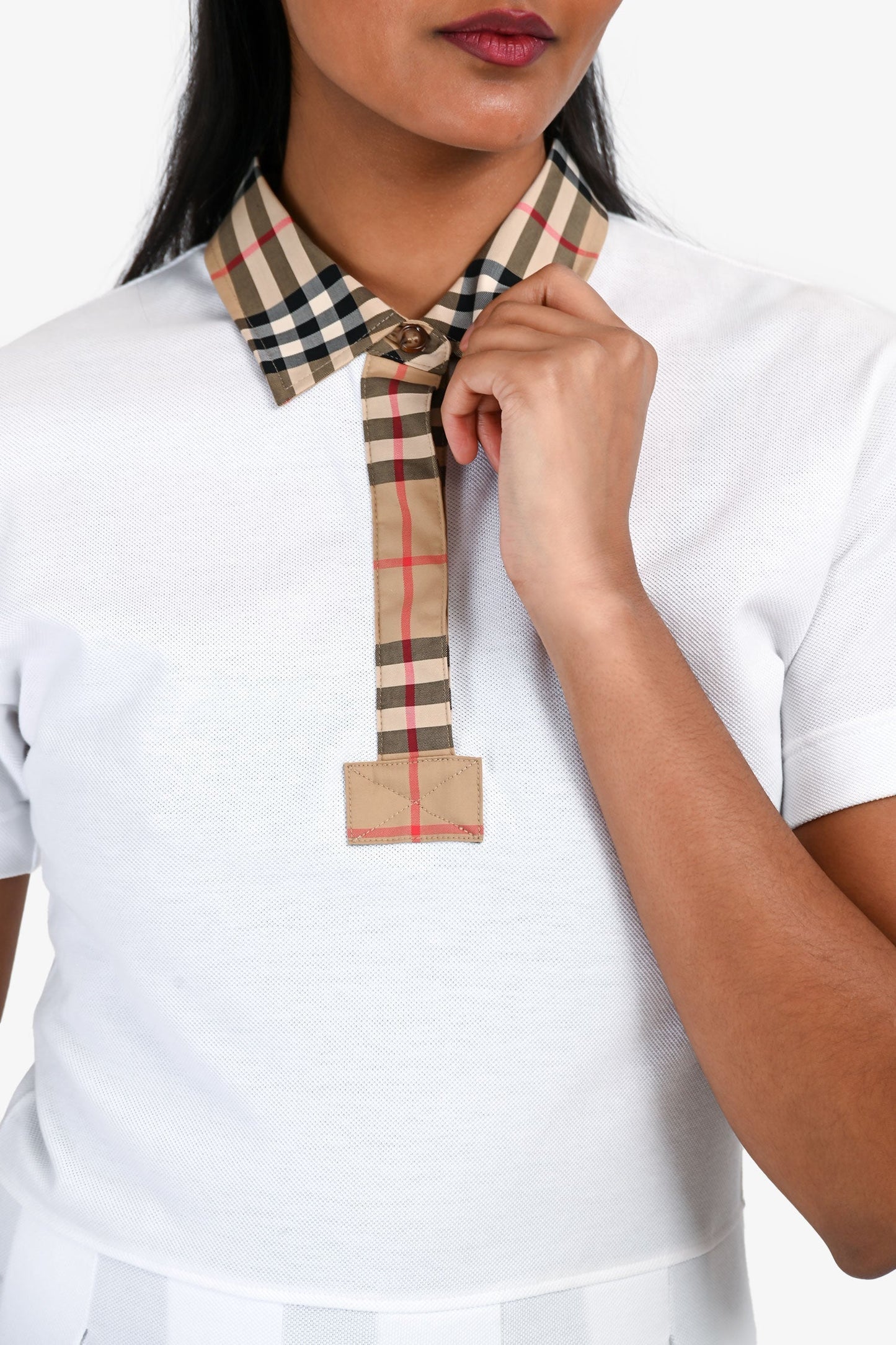 Burberry White/Brown Tartan Trim Patterned Short Sleeve Polo Dress Size 12+