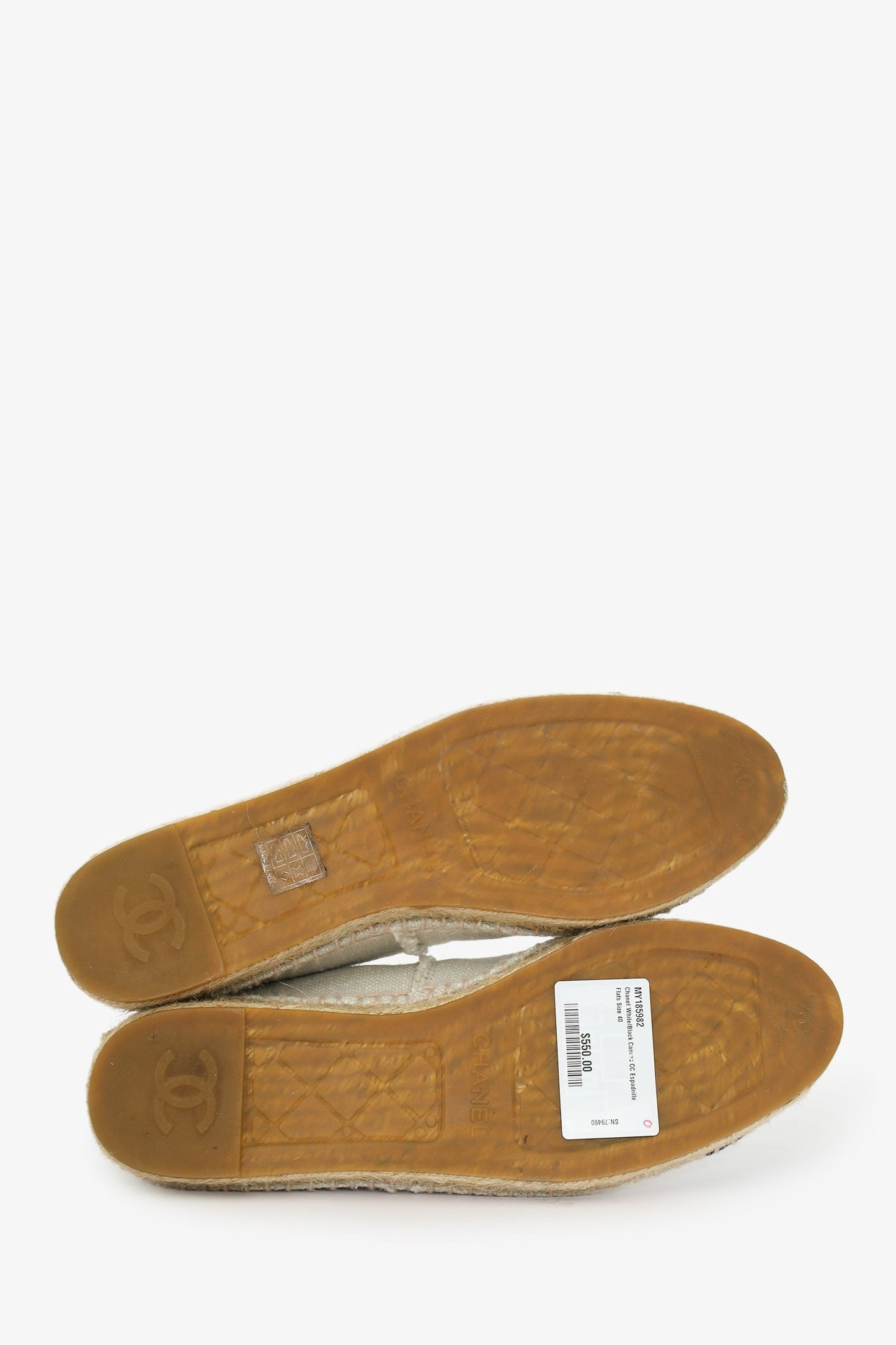 Pre-Loved Chanel™ White/Black Canvas CC Espadrille Flats Size 40