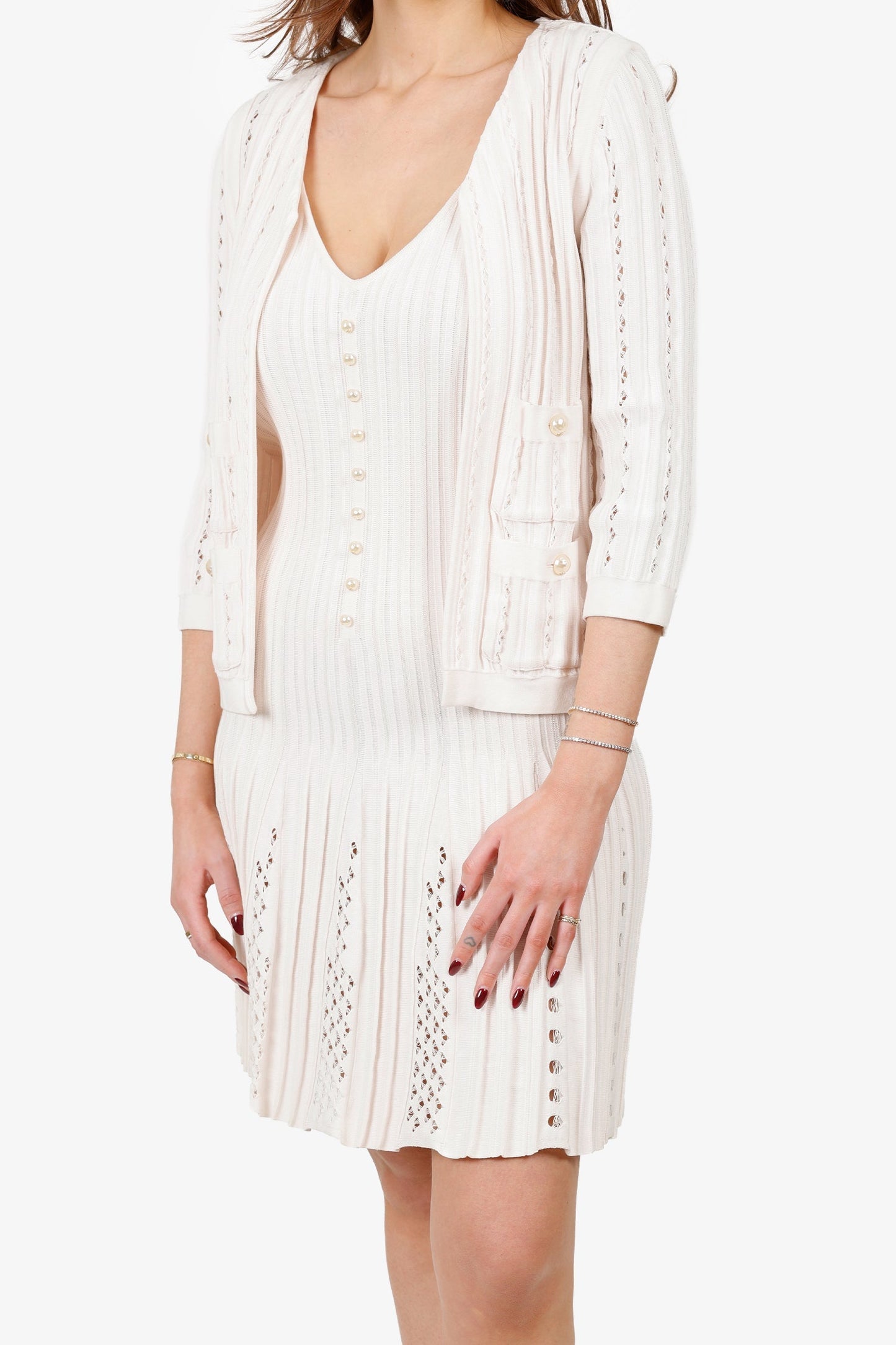 Pre-Loved Chanel™ Pink Pleated Pearl Ribbed Knit Cardigan With Sleeveless Midi Dress Set Size 38