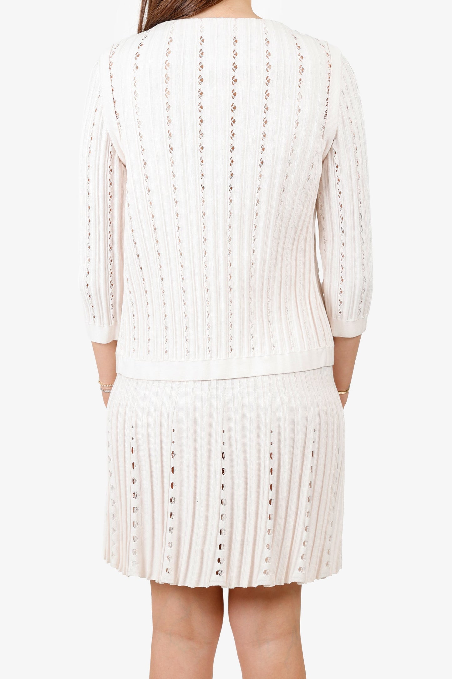 Pre-Loved Chanel™ Pink Pleated Pearl Ribbed Knit Cardigan With Sleeveless Midi Dress Set Size 38