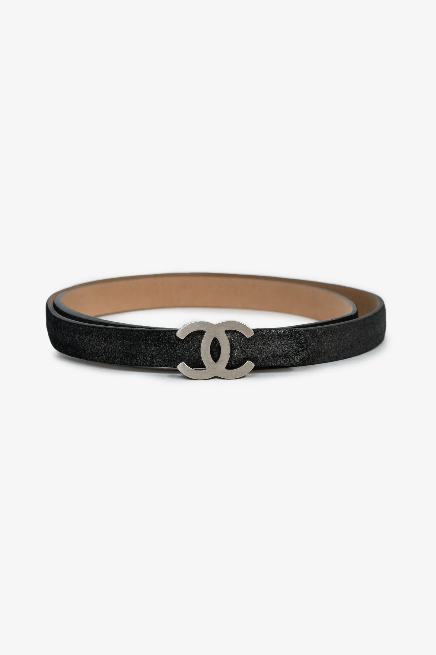 Pre-Loved Chanel™ 2013 Black Metallic Leather CC Belt Size 85/34