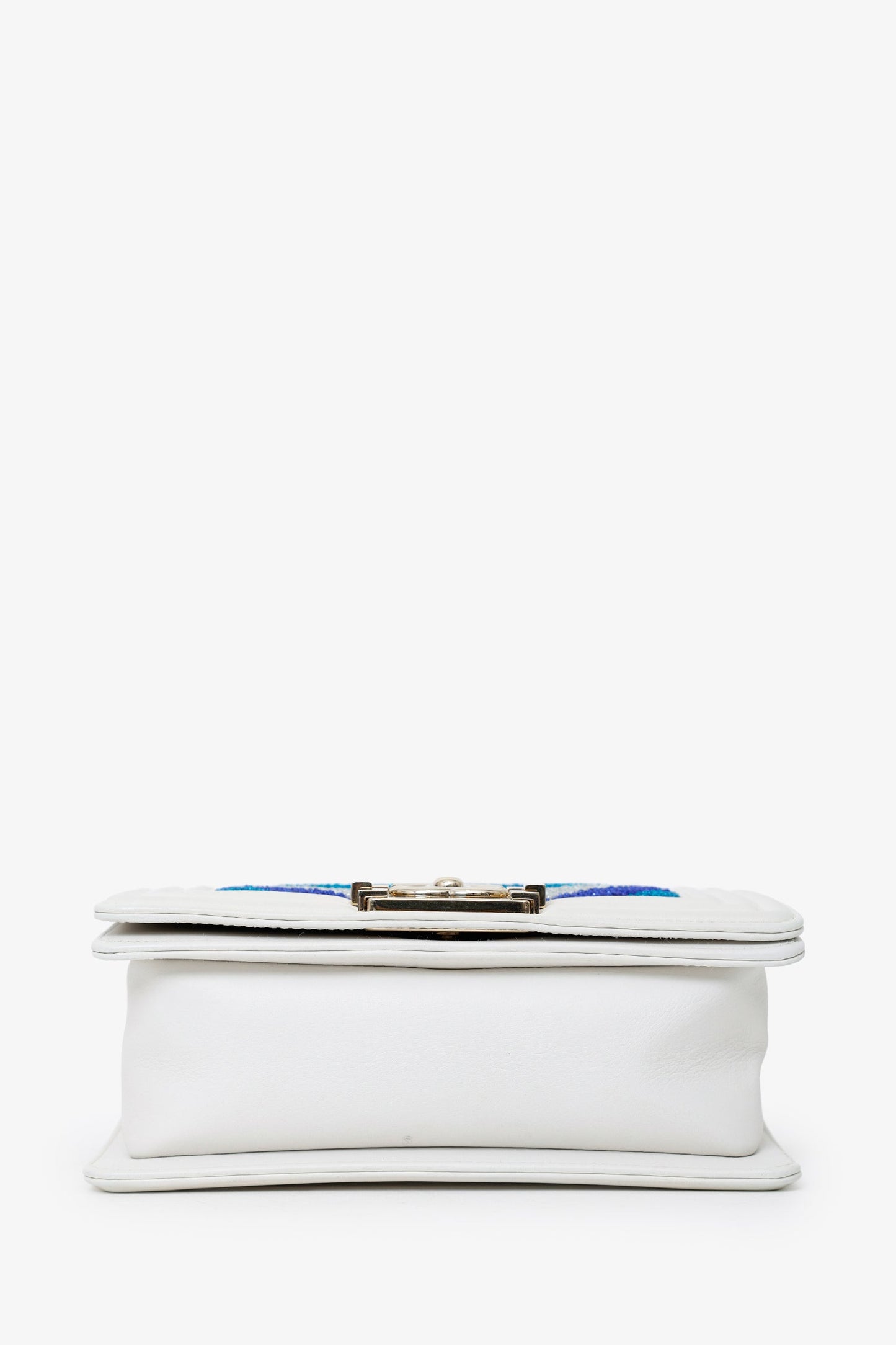 Pre-Loved Chanel™ 2019 White/Blue Chevron Small Boy Shoulder Bag