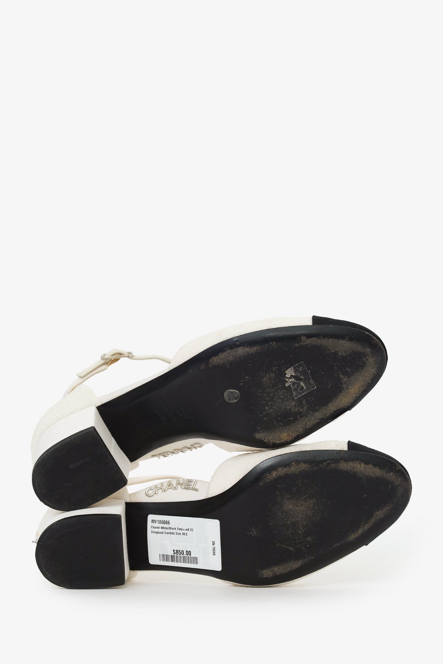 Pre-Loved Chanel™ White/Black Sequined CC Slingback Sandals Size 38.5