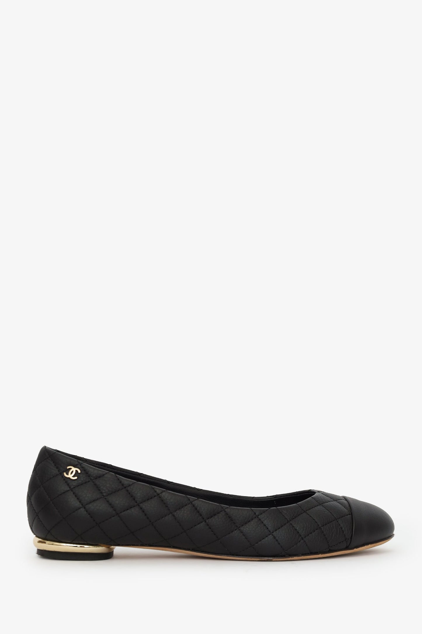 Pre-Loved Chanel™ Black Quilted Leather CC Cap Toe Ballet Flats Size 38