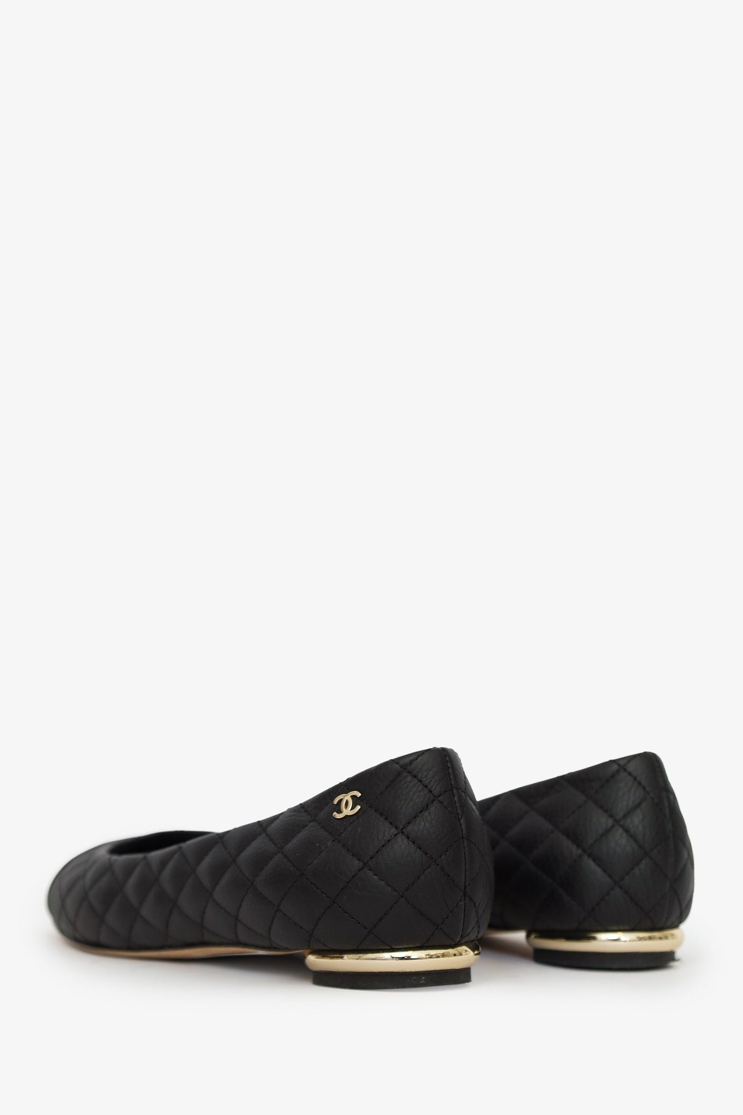 Pre-Loved Chanel™ Black Quilted Leather CC Cap Toe Ballet Flats Size 38