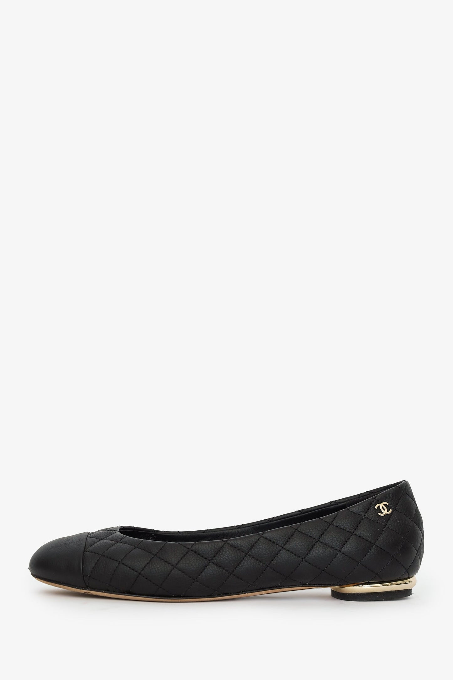 Pre-Loved Chanel™ Black Quilted Leather CC Cap Toe Ballet Flats Size 38