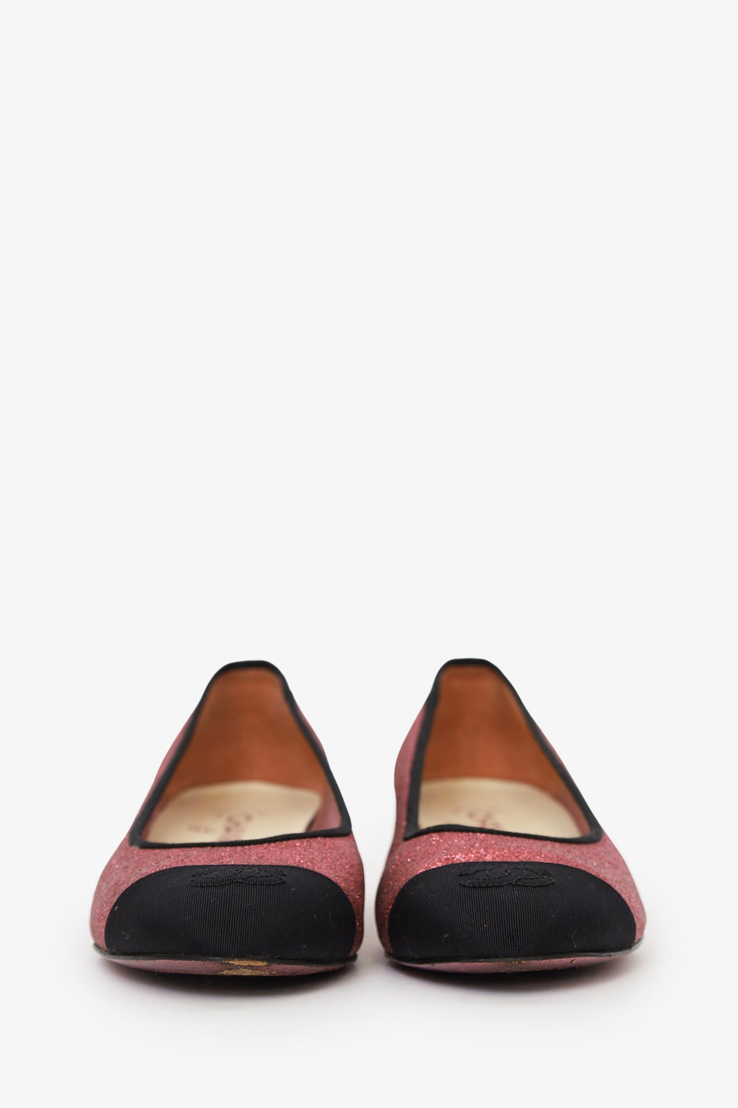 Pre-Loved Chanel™ Pink/Black Glitter Leather CC Ballerina Pumps Size 38