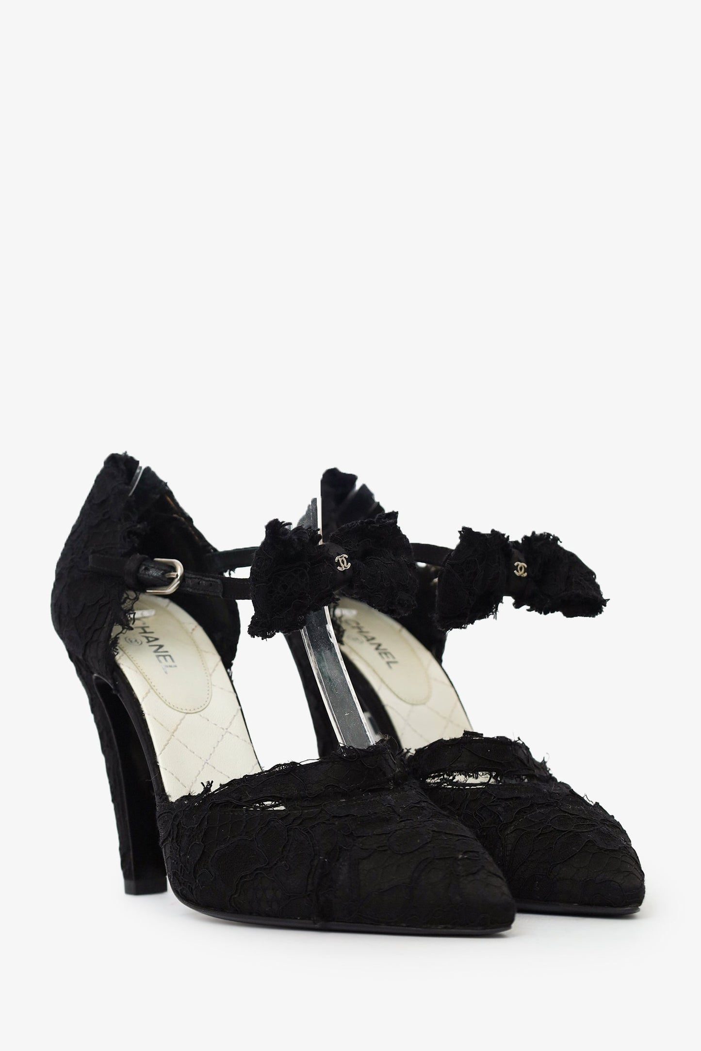 Pre-Loved Chanel™ Black CC Lace Ankle Wrap Bow Pumps Size 38