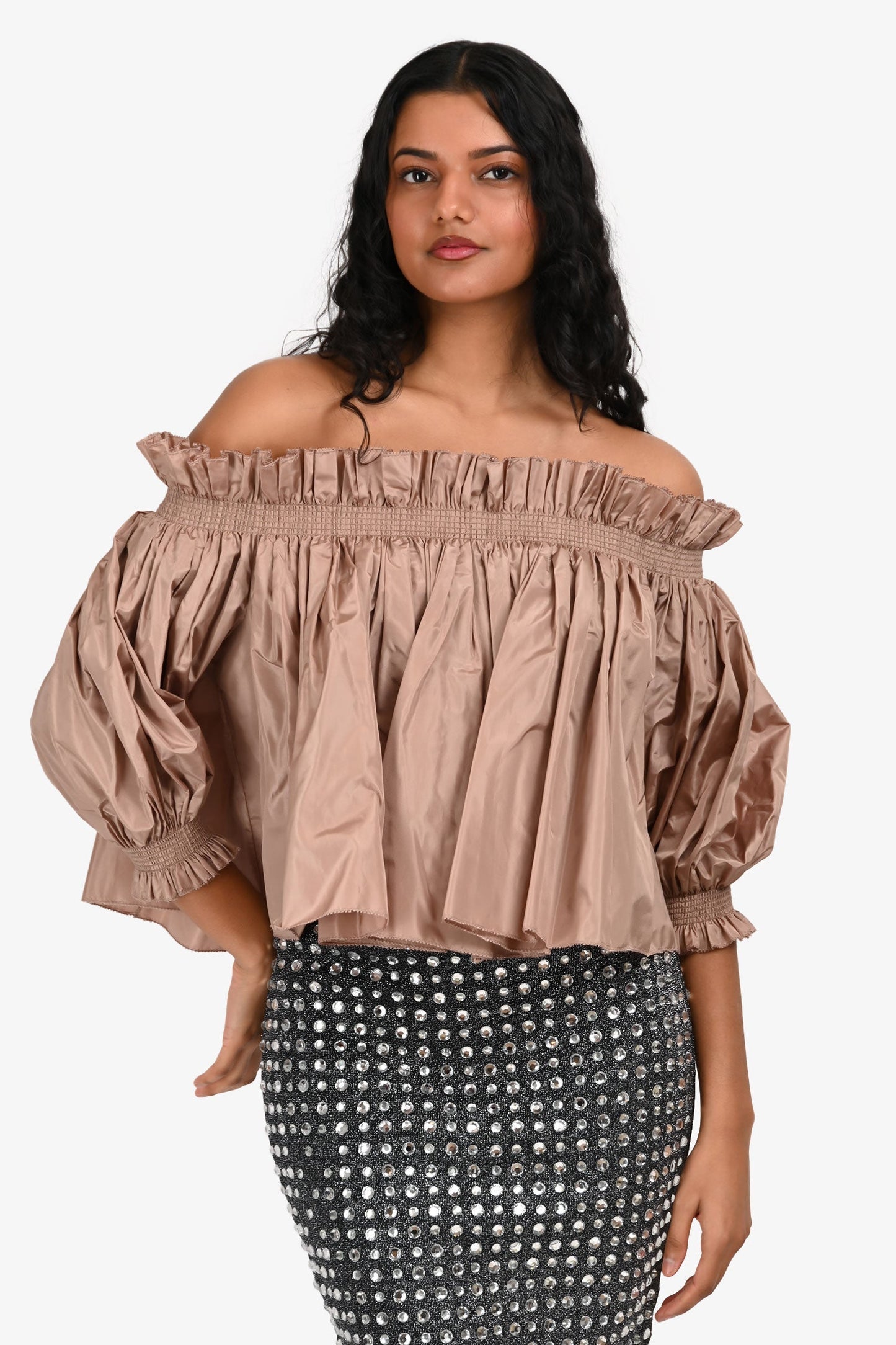 Christian Dior 2023 Cruise Brown Silk Off The Shoulder Pleated 3/4 Sleeve Top Size 2 US