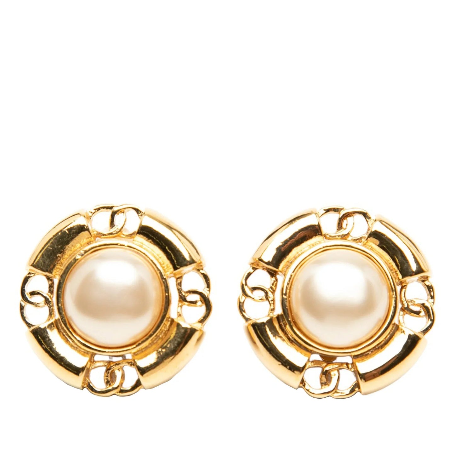 Gold Chanel Gold Plated CC Faux Pearl Clip On Earrings
