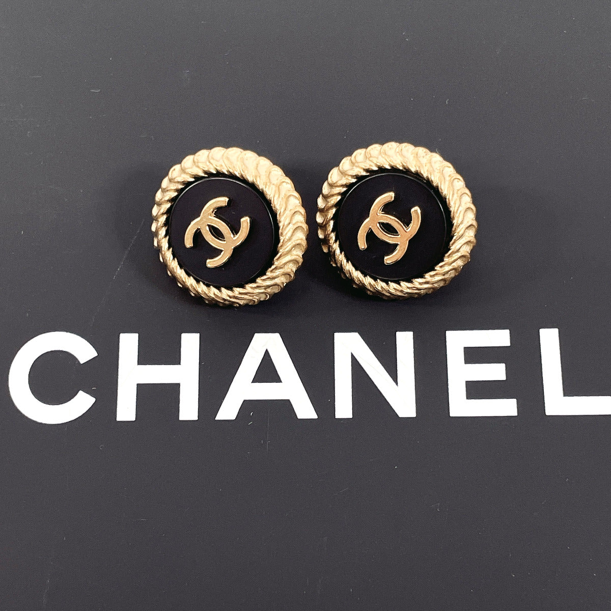 CHANEL Earring Gold Plated Black gold COCO Mark