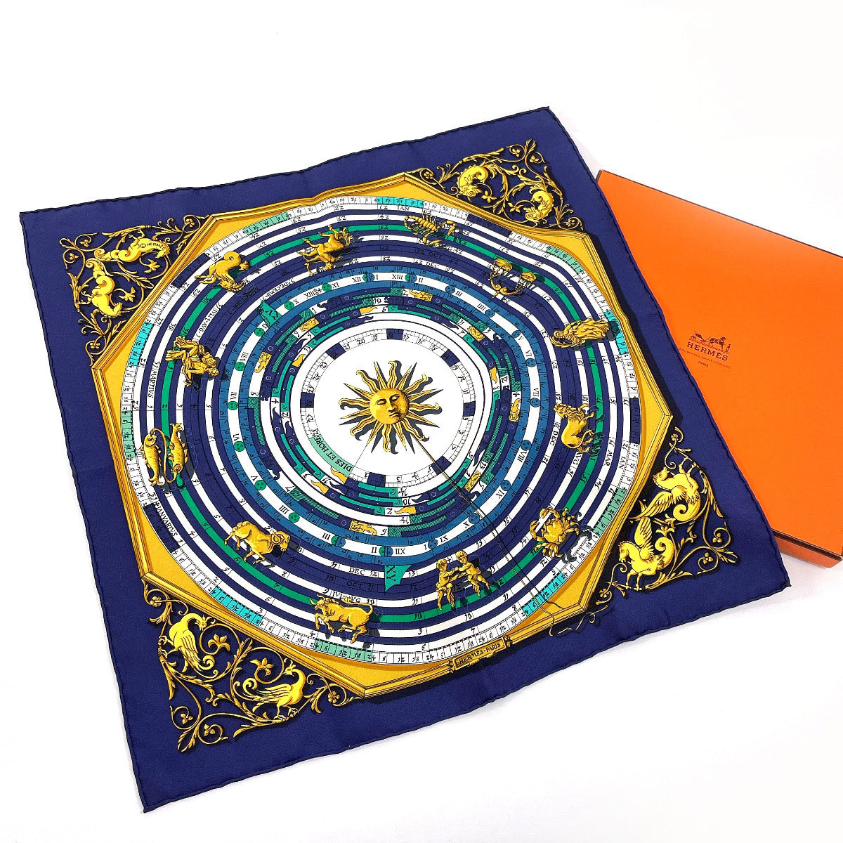 HERMES scarf Silk, 100% silk Navy Carre 45 DIES ET HORE Astrology Women  d