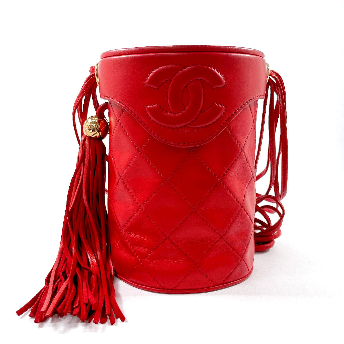 CHANEL Shoulder Bag lambskin Red Matrasse   Fringe COCO Mark