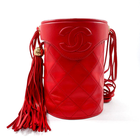 CHANEL Shoulder Bag lambskin Red Matrasse   Fringe COCO Mark