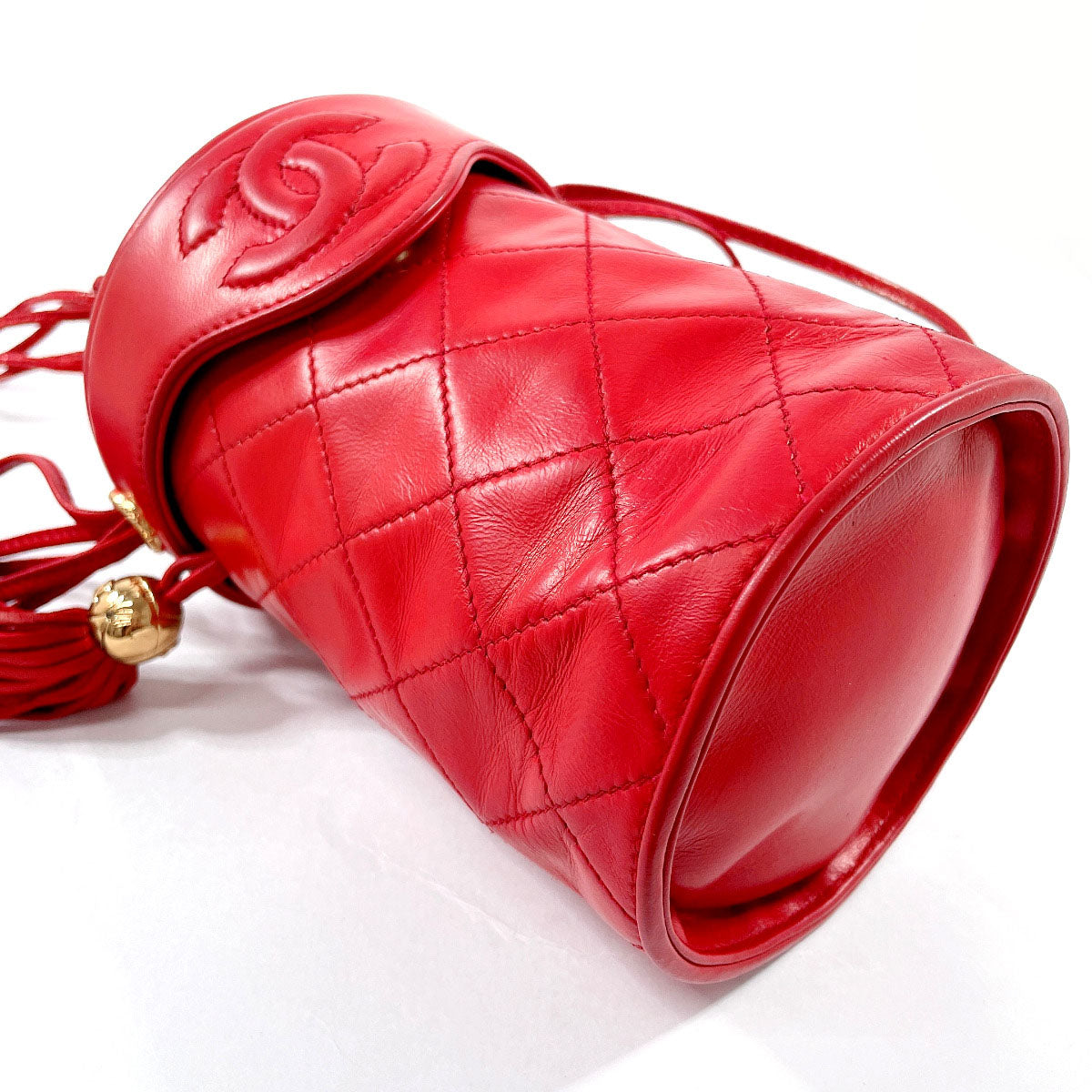 CHANEL Shoulder Bag lambskin Red Matrasse   Fringe COCO Mark