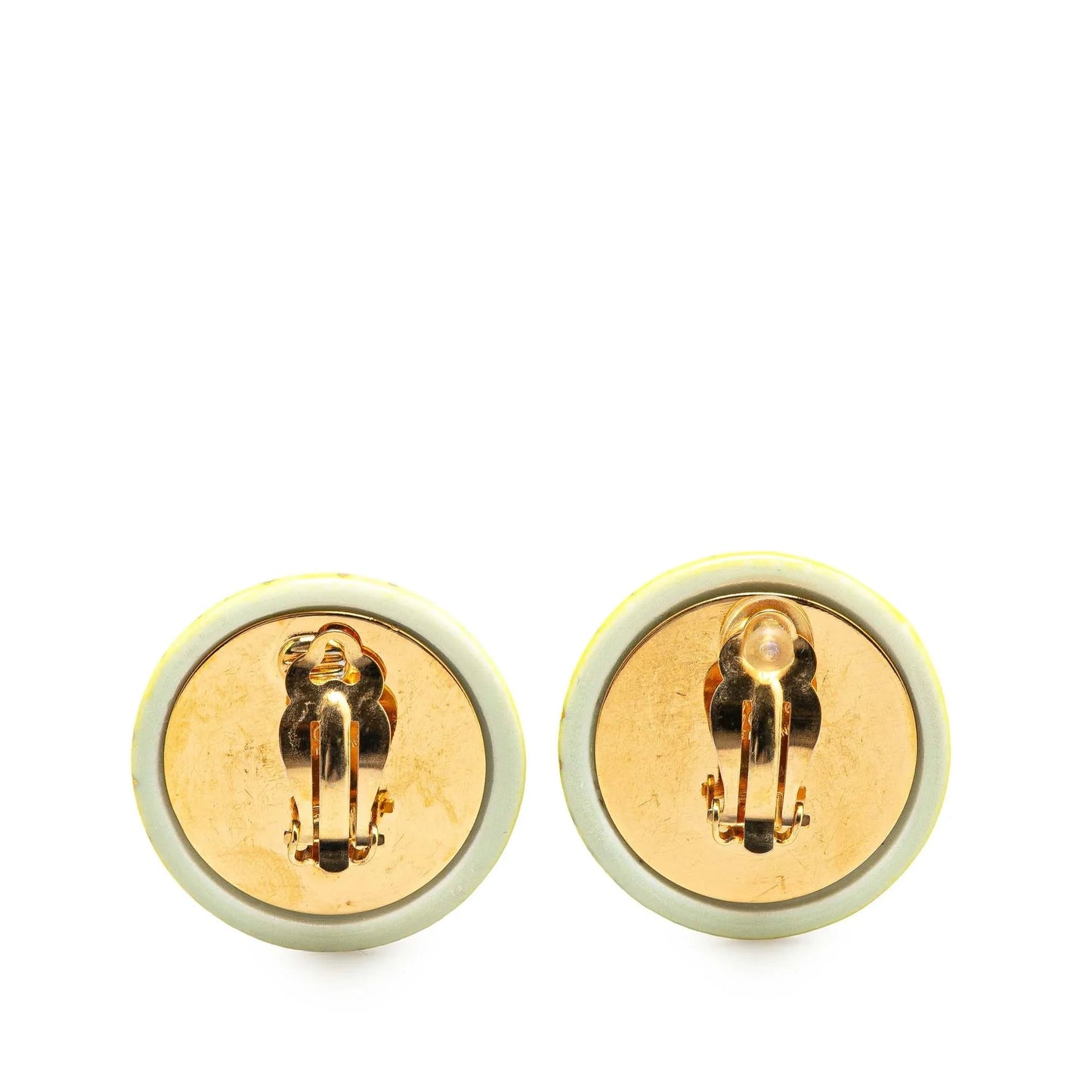 Yellow Chanel Gold Plated and Resin CC Round Clip On Earrings