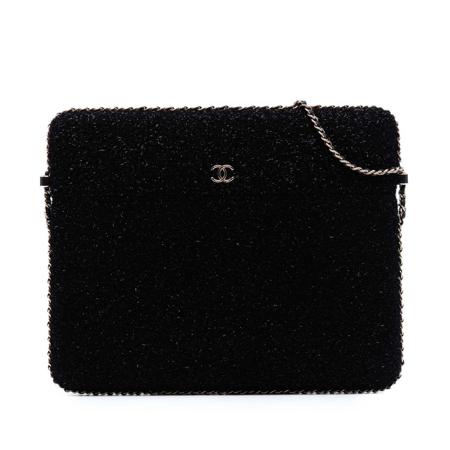 Black Chanel CC Tweed Chain Around Tablet Holder Crossbody