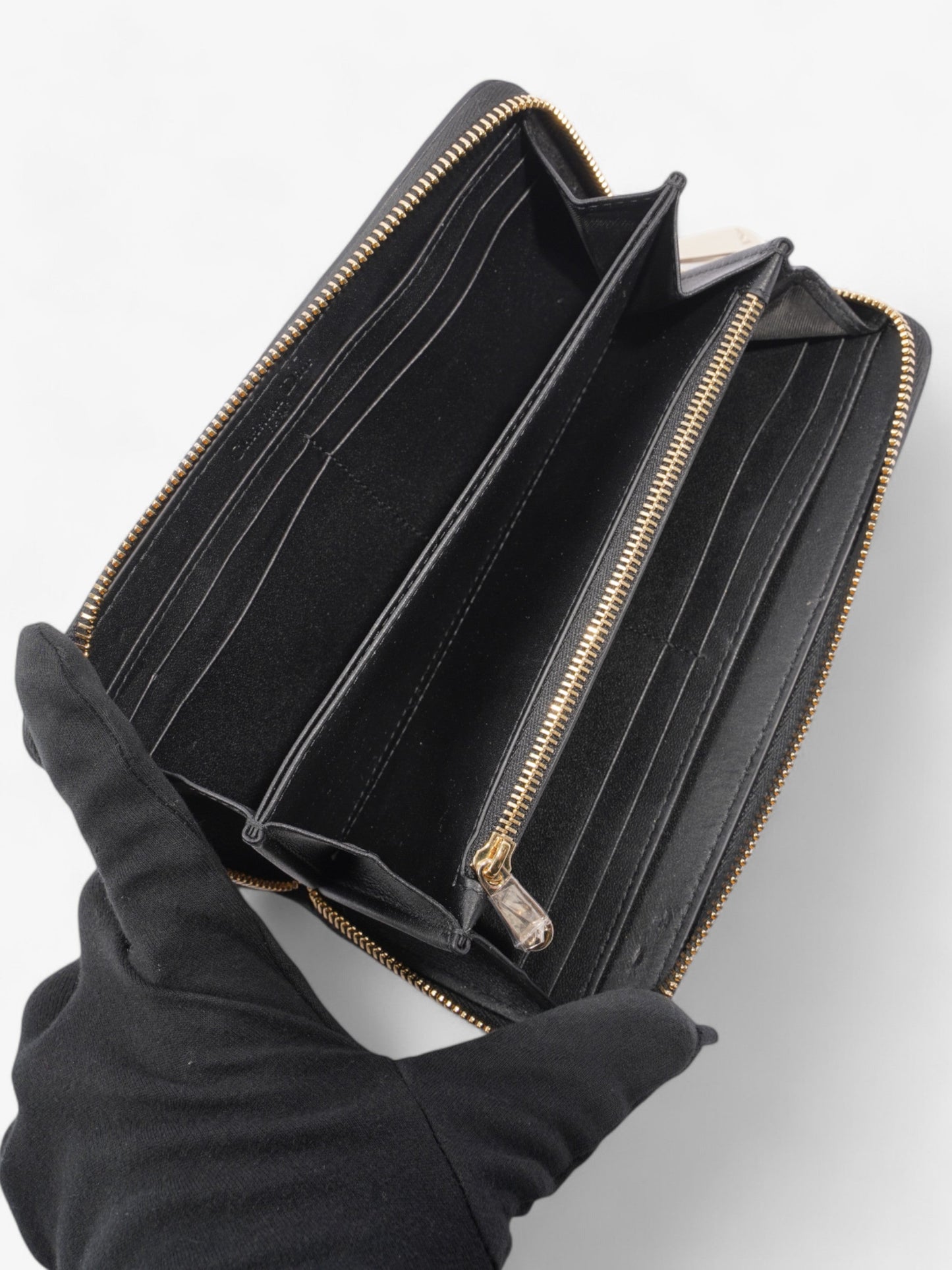 Christian Dior Cannage Zip Around Wallet Black / Gold Lambskin Leather