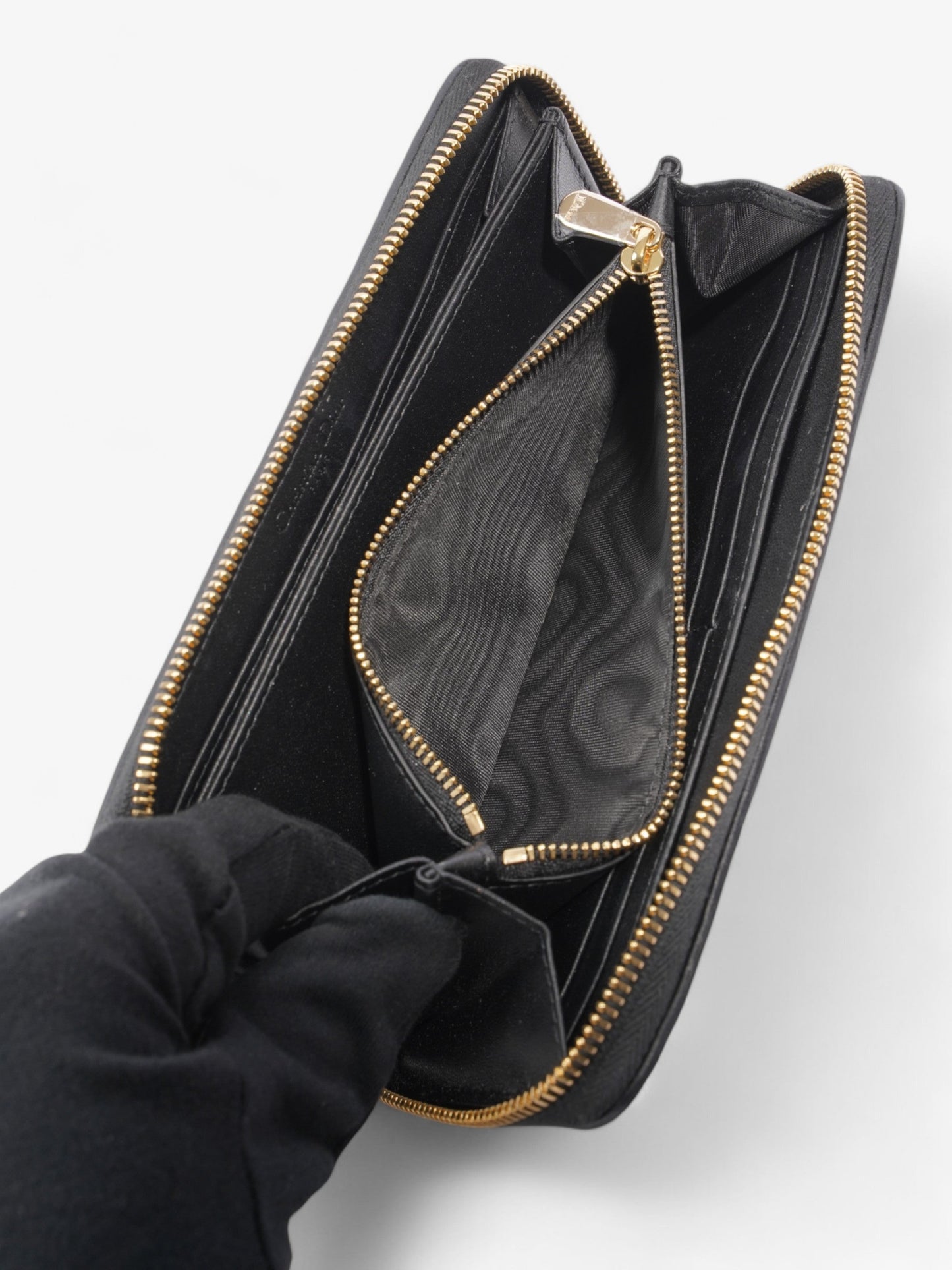 Christian Dior Cannage Zip Around Wallet Black / Gold Lambskin Leather