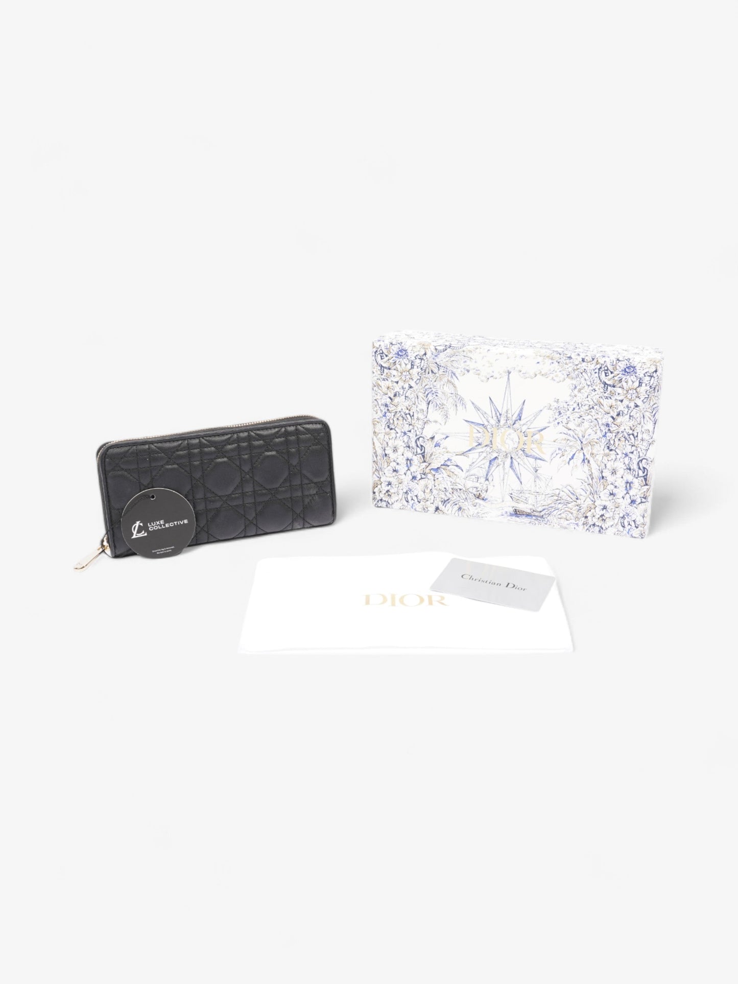 Christian Dior Cannage Zip Around Wallet Black / Gold Lambskin Leather
