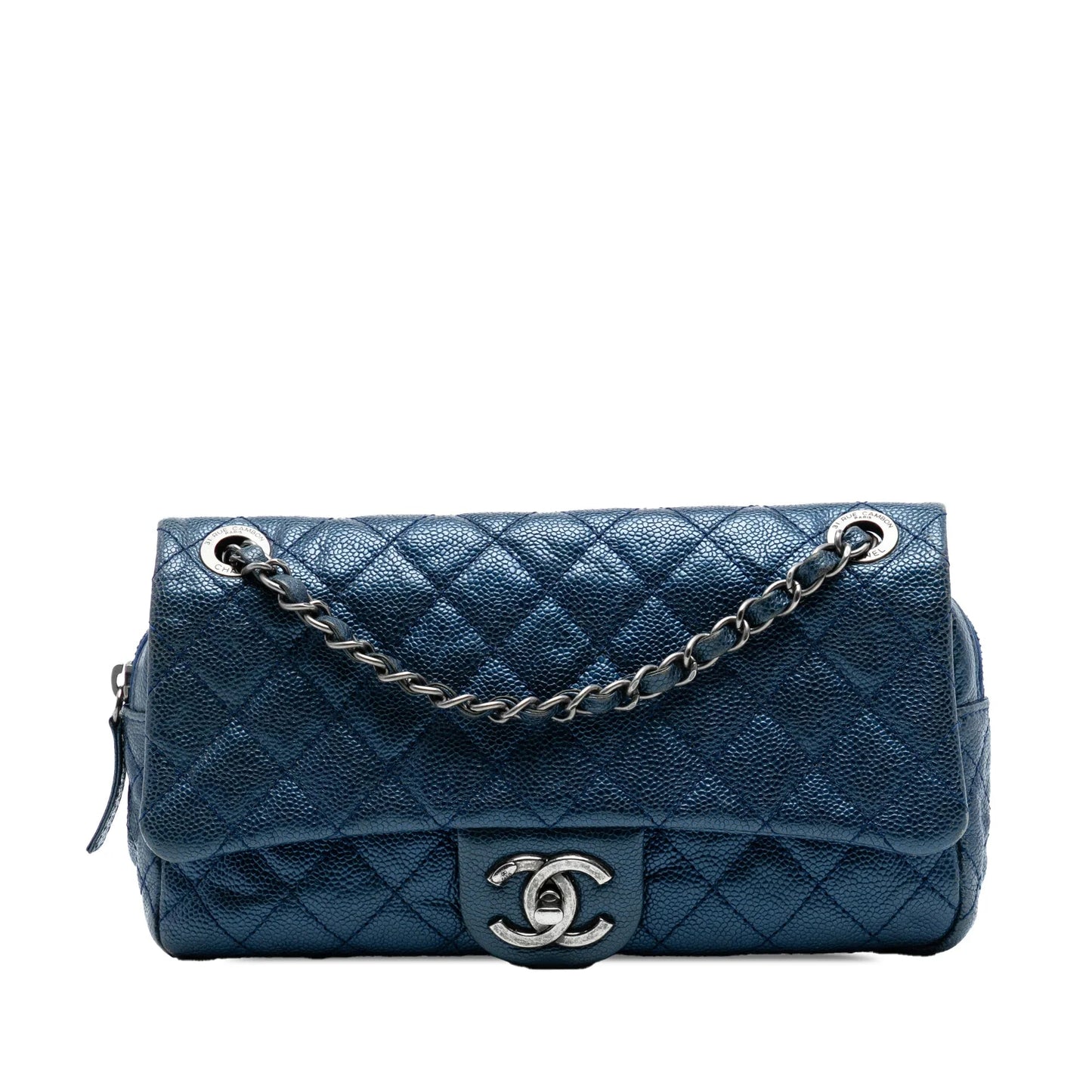 Blue Chanel Medium Quilted Iridescent Caviar Easy Flap Shoulder Bag