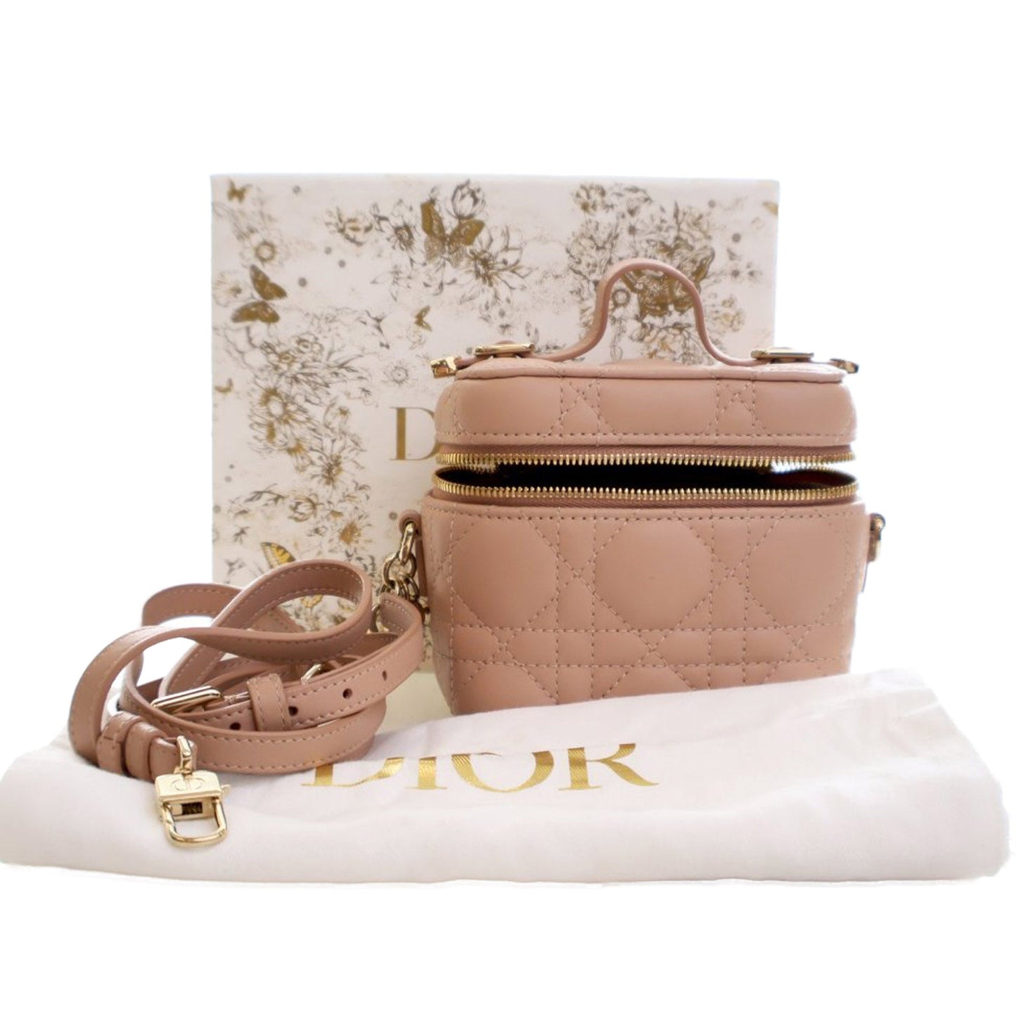 Brown Dior Micro Lambskin Cannage Lady Dior Vanity Case Satchel