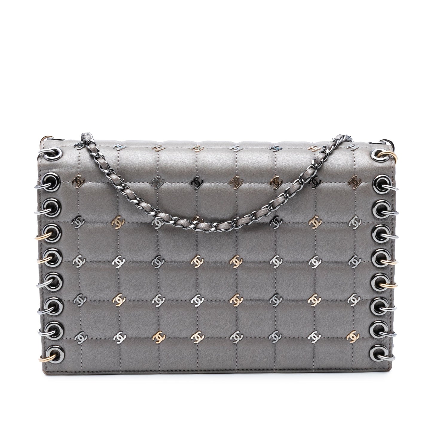 Gray Chanel Small Lambskin Chocolate Bar CC Piercing Studded Chain Flap Crossbody Bag