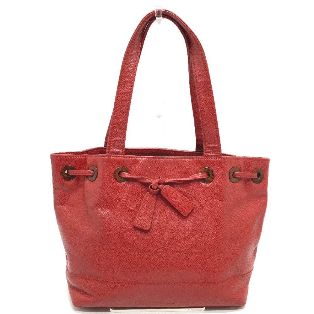 CHANEL Tote Bag Caviar skin Red CC COCO Mark Wood-like drawstring type Women