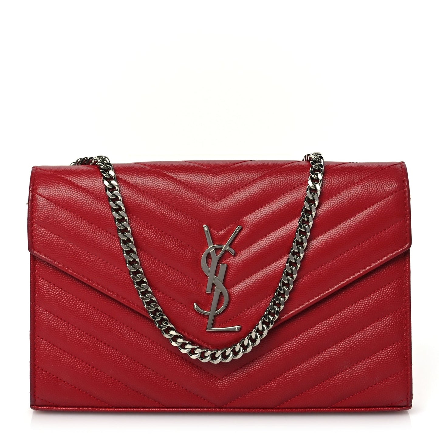 Saint Laurent Grain De Poudre Matelasse Chevron Monogram Chain Wallet New Red