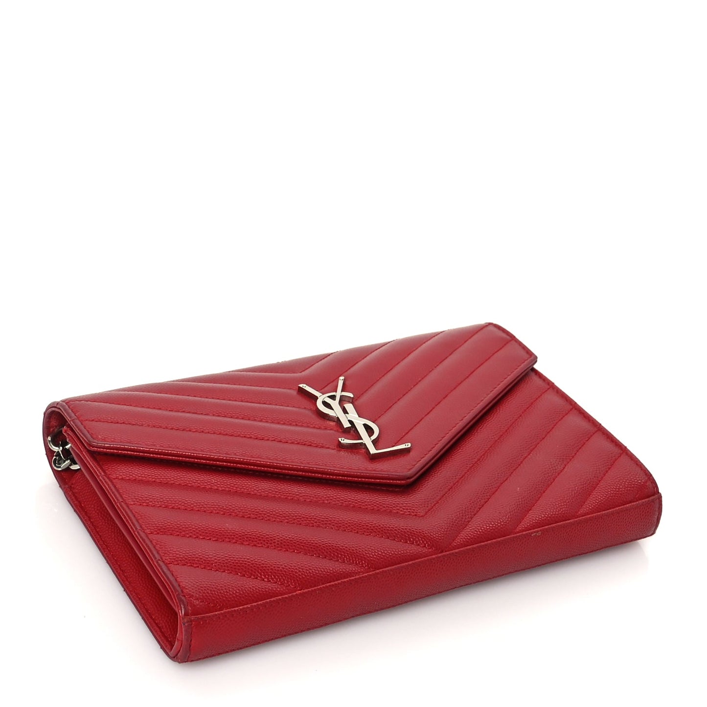 Saint Laurent Grain De Poudre Matelasse Chevron Monogram Chain Wallet New Red