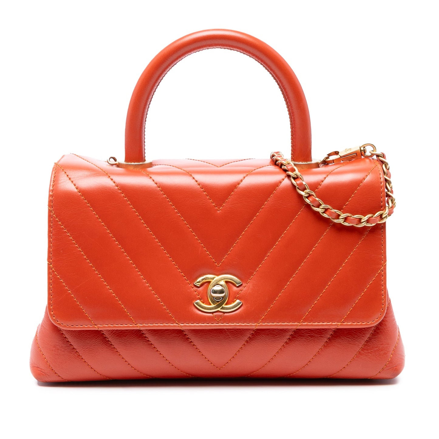 Orange Chanel Mini Chevron Lambskin Coco Top Handle Bag Satchel