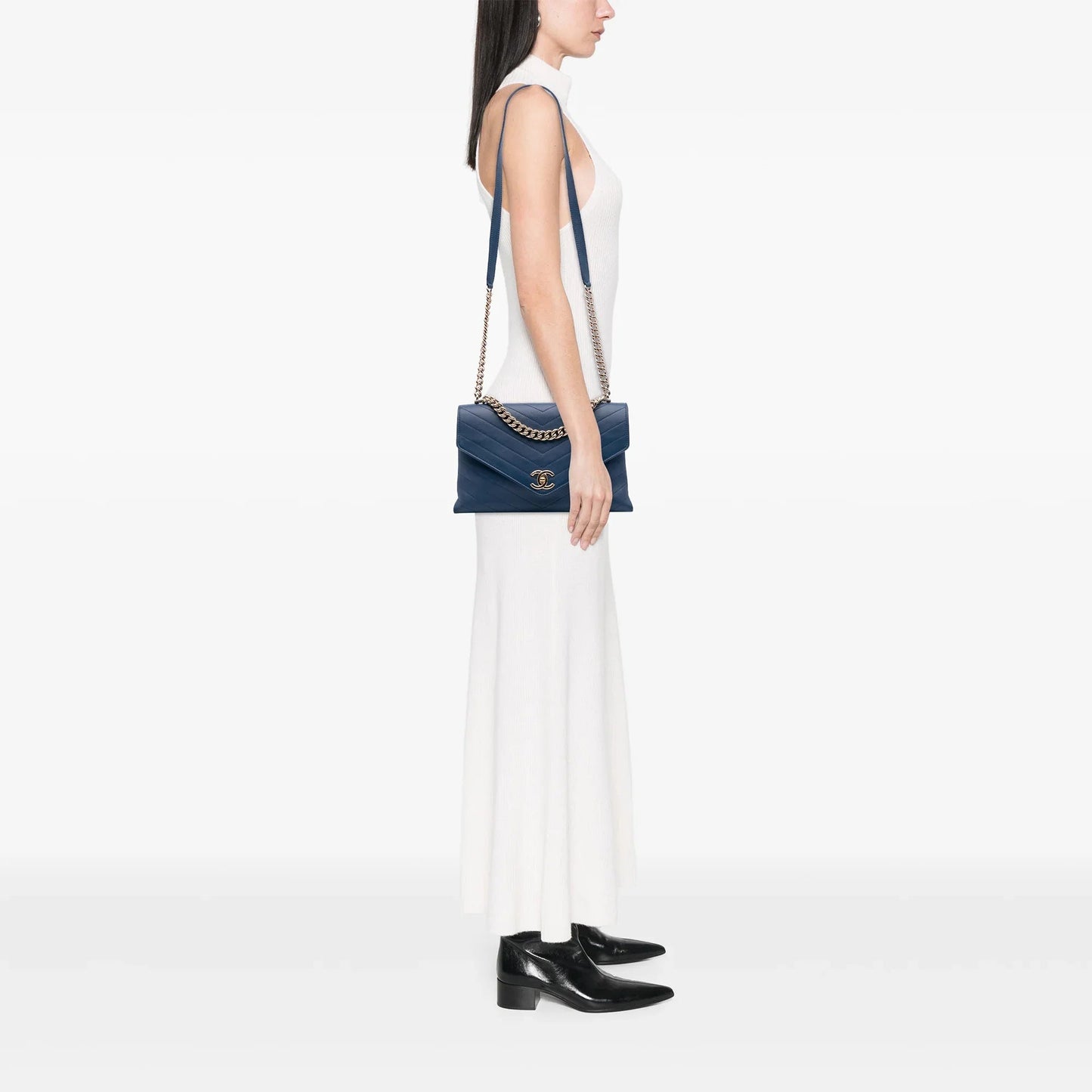 Blue Chanel Medium Calfskin Coco Chevron Envelope Flap Satchel