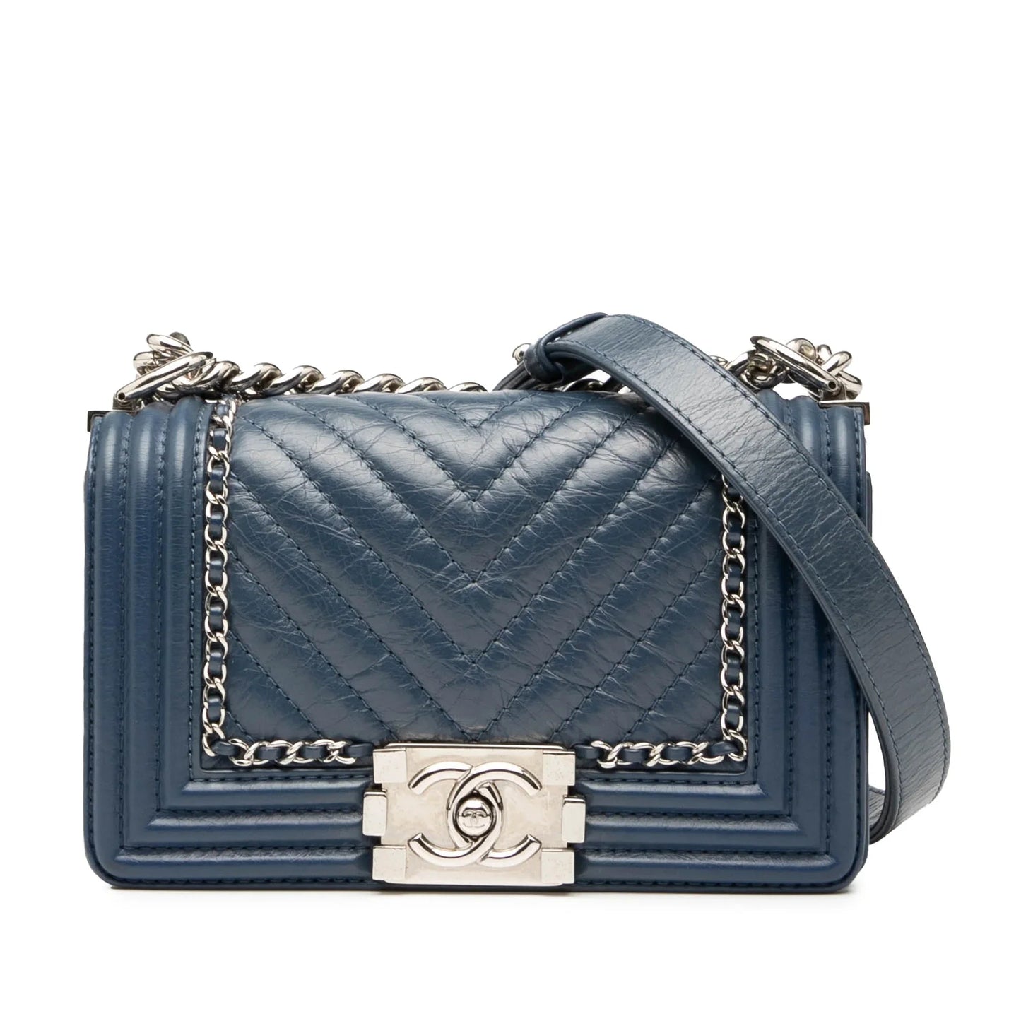 Blue Chanel Small Chevron Aged Calfskin Jacket Boy Flap Crossbody Bag