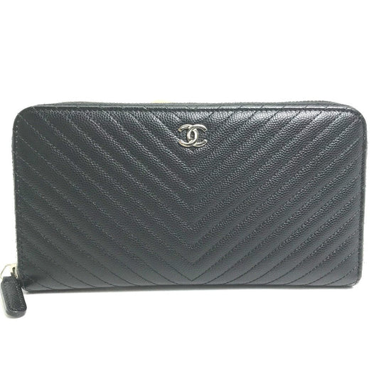 CHANEL Long Wallet Purse A50097 Caviar skin black CC COCO Mark Vstitch quilting Women