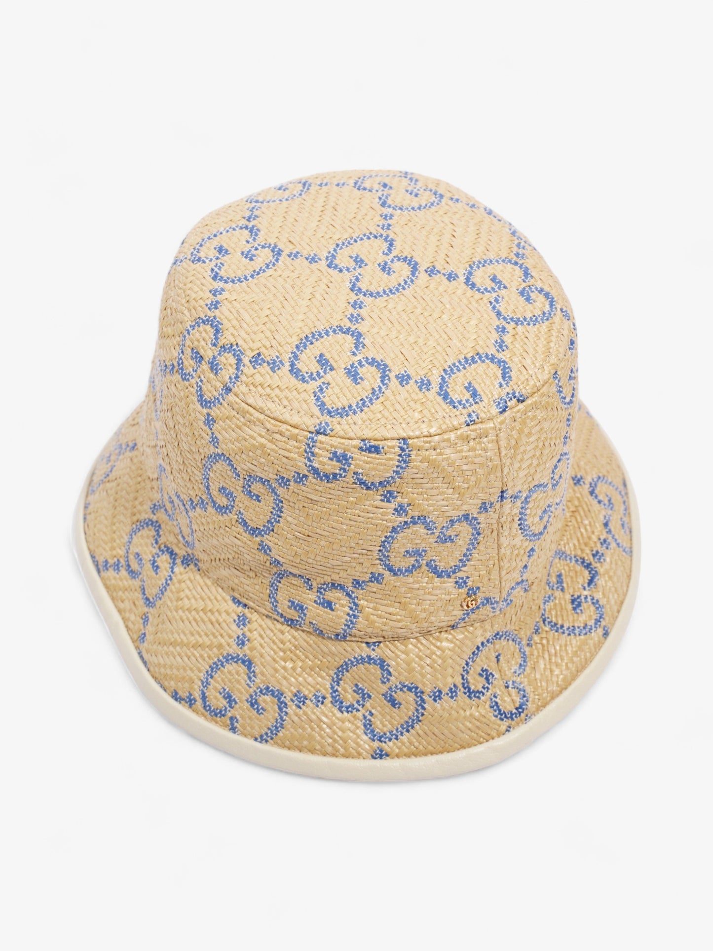 Gucci GG Raffia Effect Bucket Hat Natural / Blue Polyamide Large