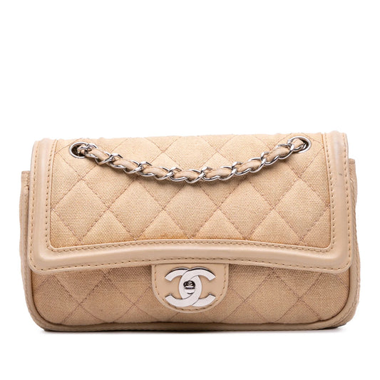 Beige Chanel Medium Classic Lambskin Trimmed Canvas Line Double Flap Shoulder Bag