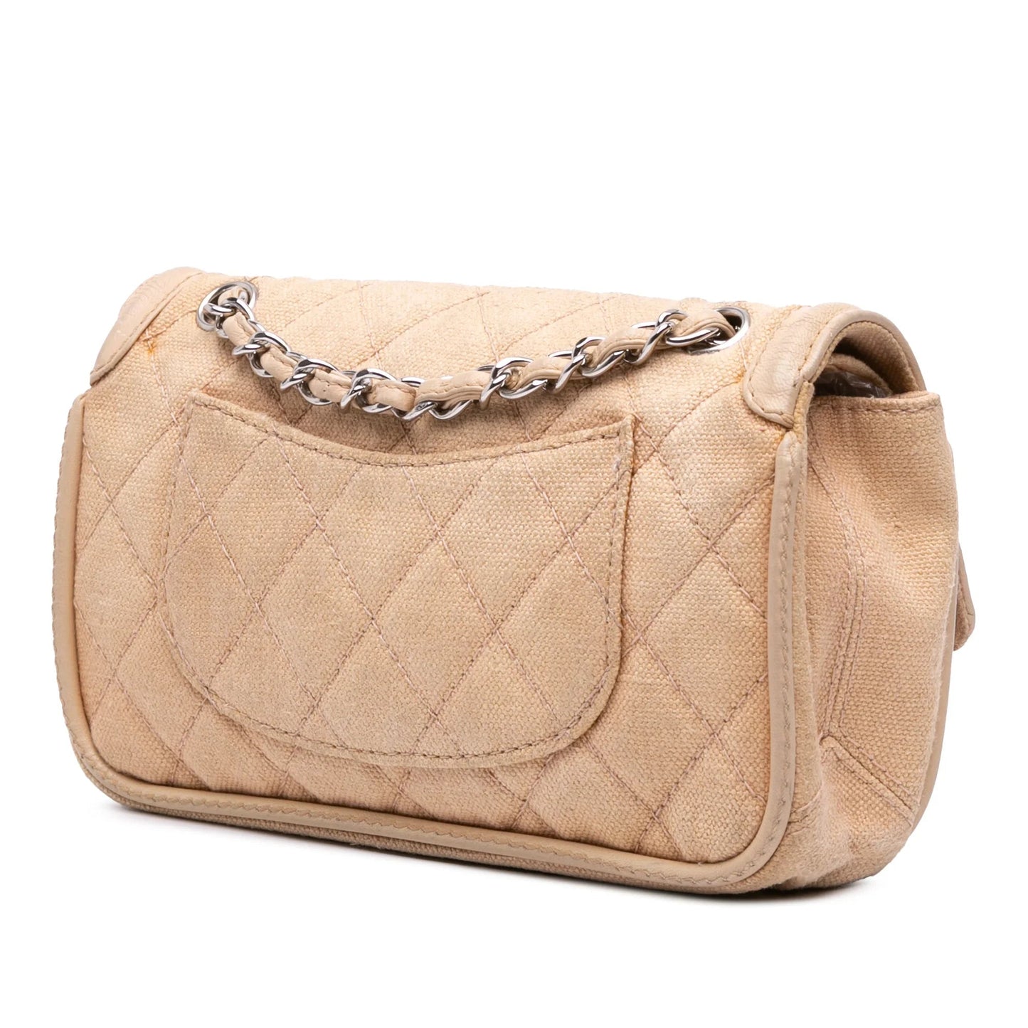 Beige Chanel Medium Classic Lambskin Trimmed Canvas Line Double Flap Shoulder Bag