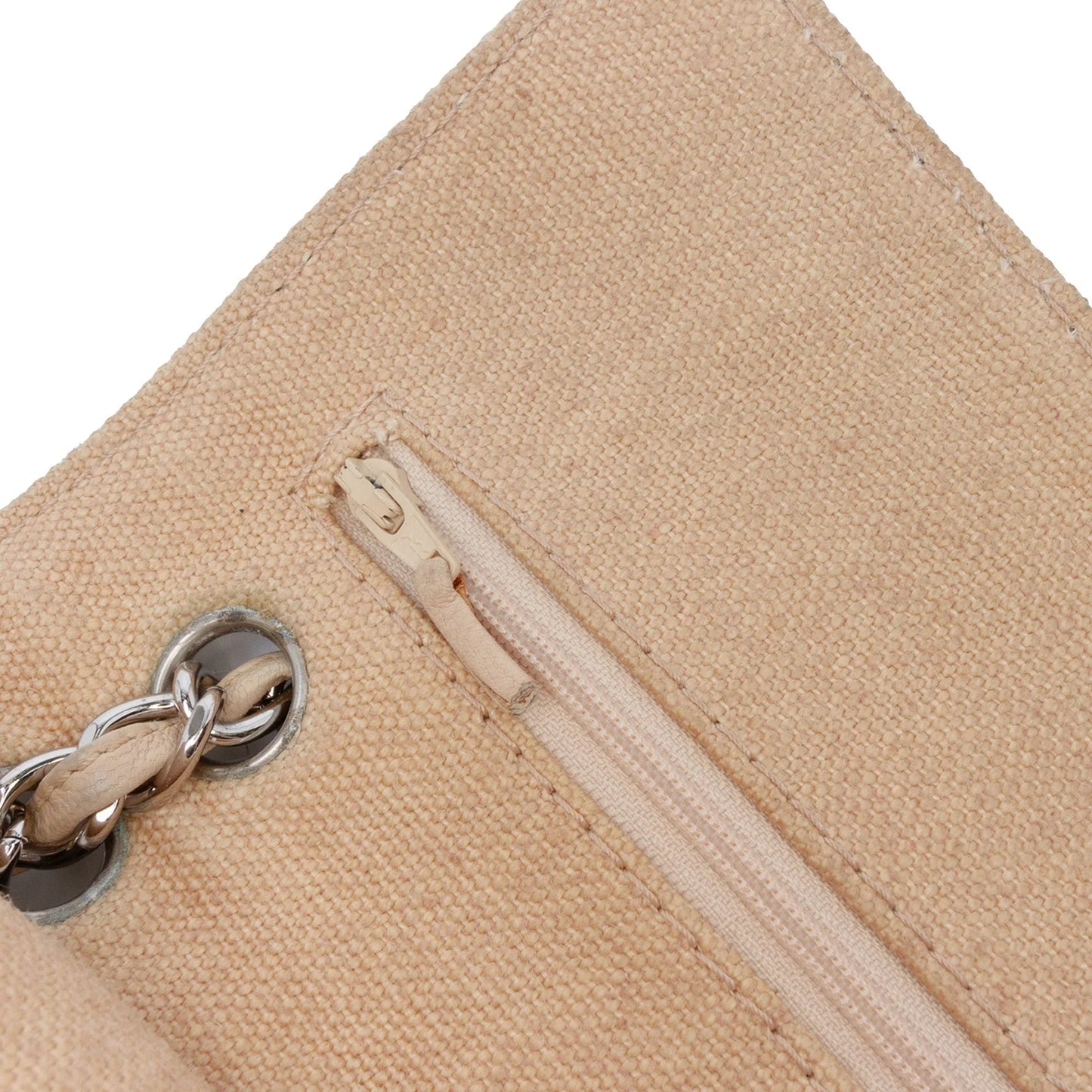 Beige Chanel Medium Classic Lambskin Trimmed Canvas Line Double Flap Shoulder Bag