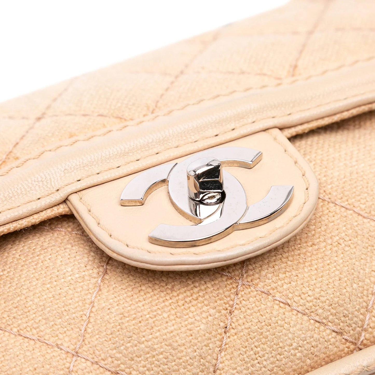 Beige Chanel Medium Classic Lambskin Trimmed Canvas Line Double Flap Shoulder Bag