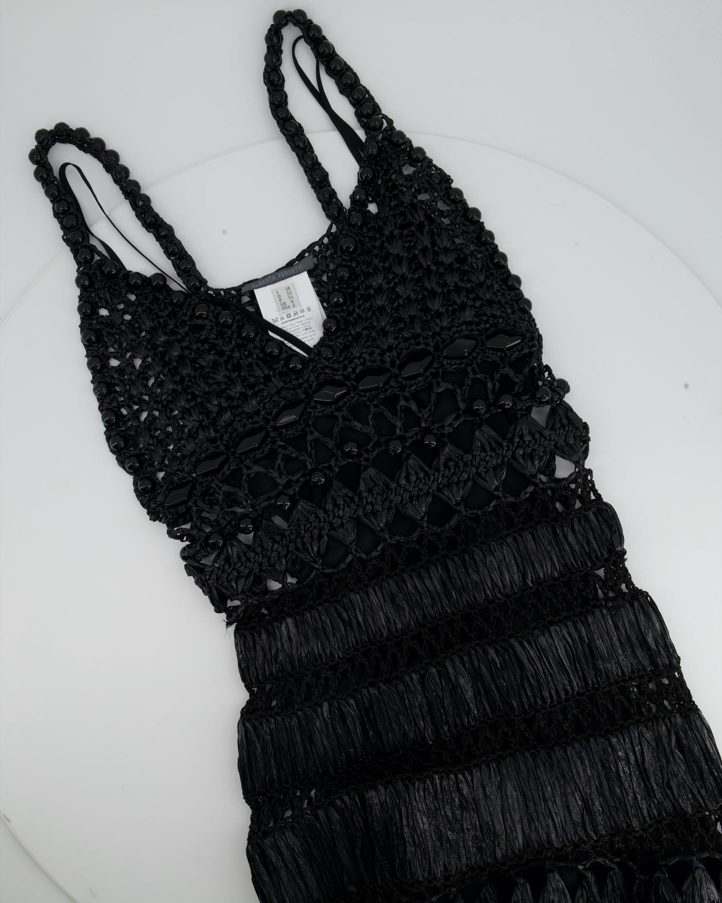 Alberta Ferretti Black Raffia Crochet Beaded Dress with Slip Size IT 38 (UK 6)