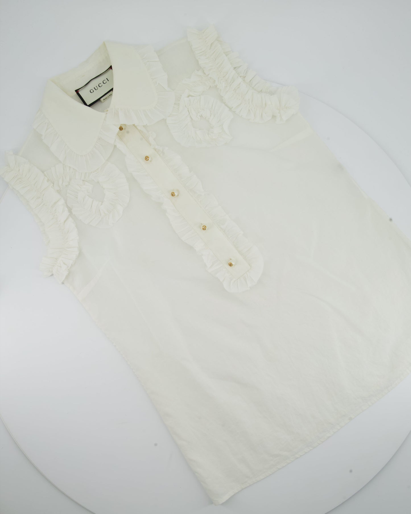 Gucci White Ruched Short Sleeve Blo  with Pearl GG Detailing IT 38 (UK 6)