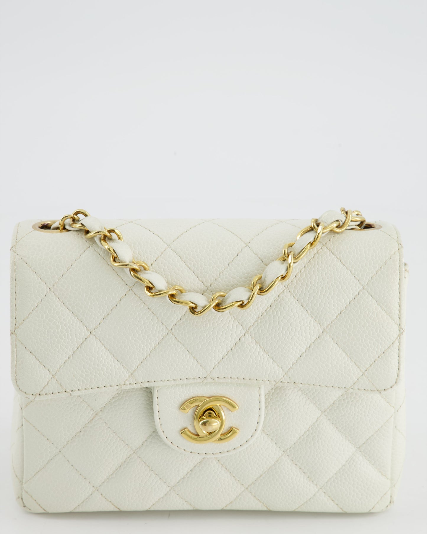 *RARE* Chanel   White Caviar Mini Square Flap Bag with 24K Gold Hardware