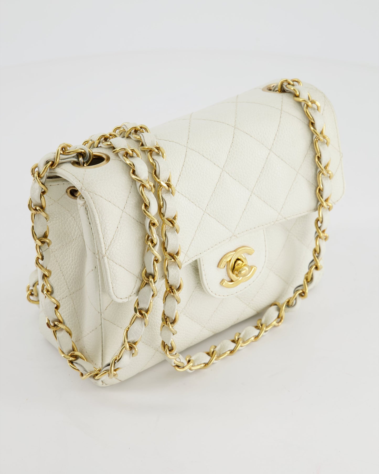 *RARE* Chanel   White Caviar Mini Square Flap Bag with 24K Gold Hardware