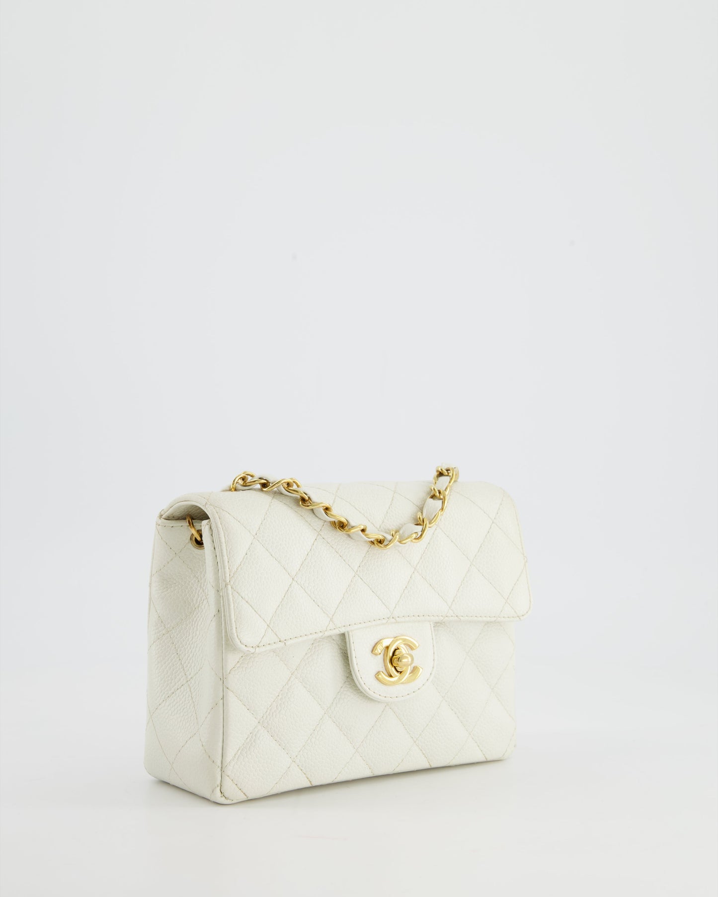 *RARE* Chanel   White Caviar Mini Square Flap Bag with 24K Gold Hardware