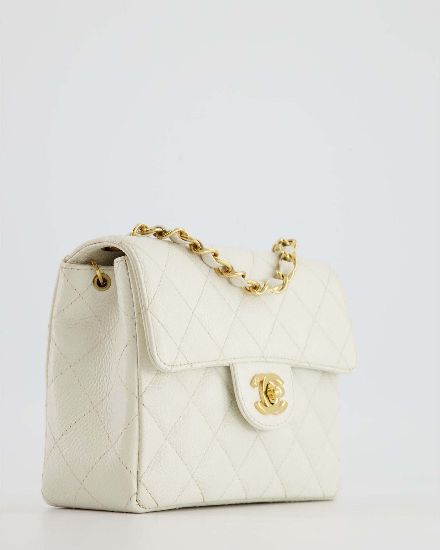 *RARE* Chanel   White Caviar Mini Square Flap Bag with 24K Gold Hardware