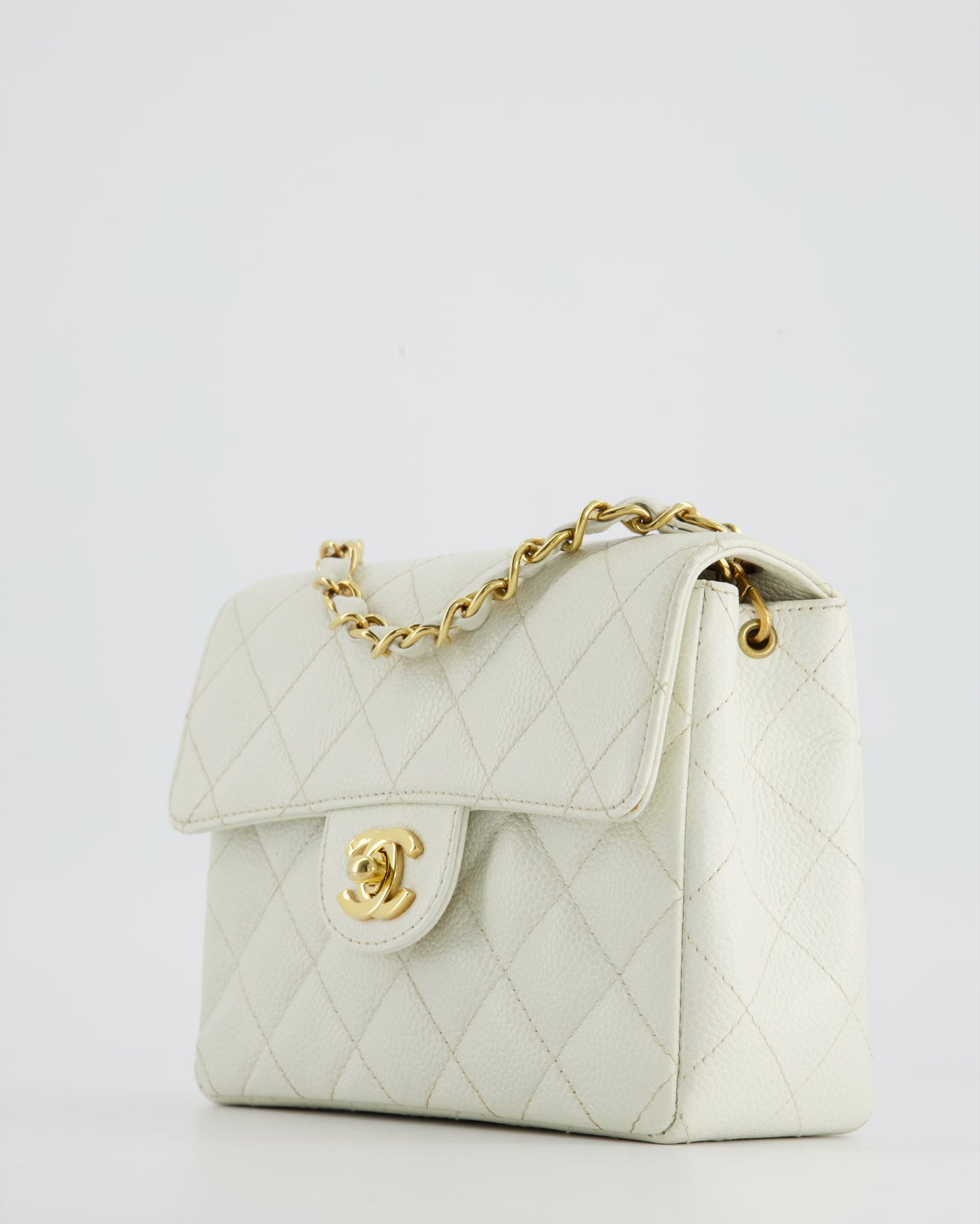 *RARE* Chanel   White Caviar Mini Square Flap Bag with 24K Gold Hardware