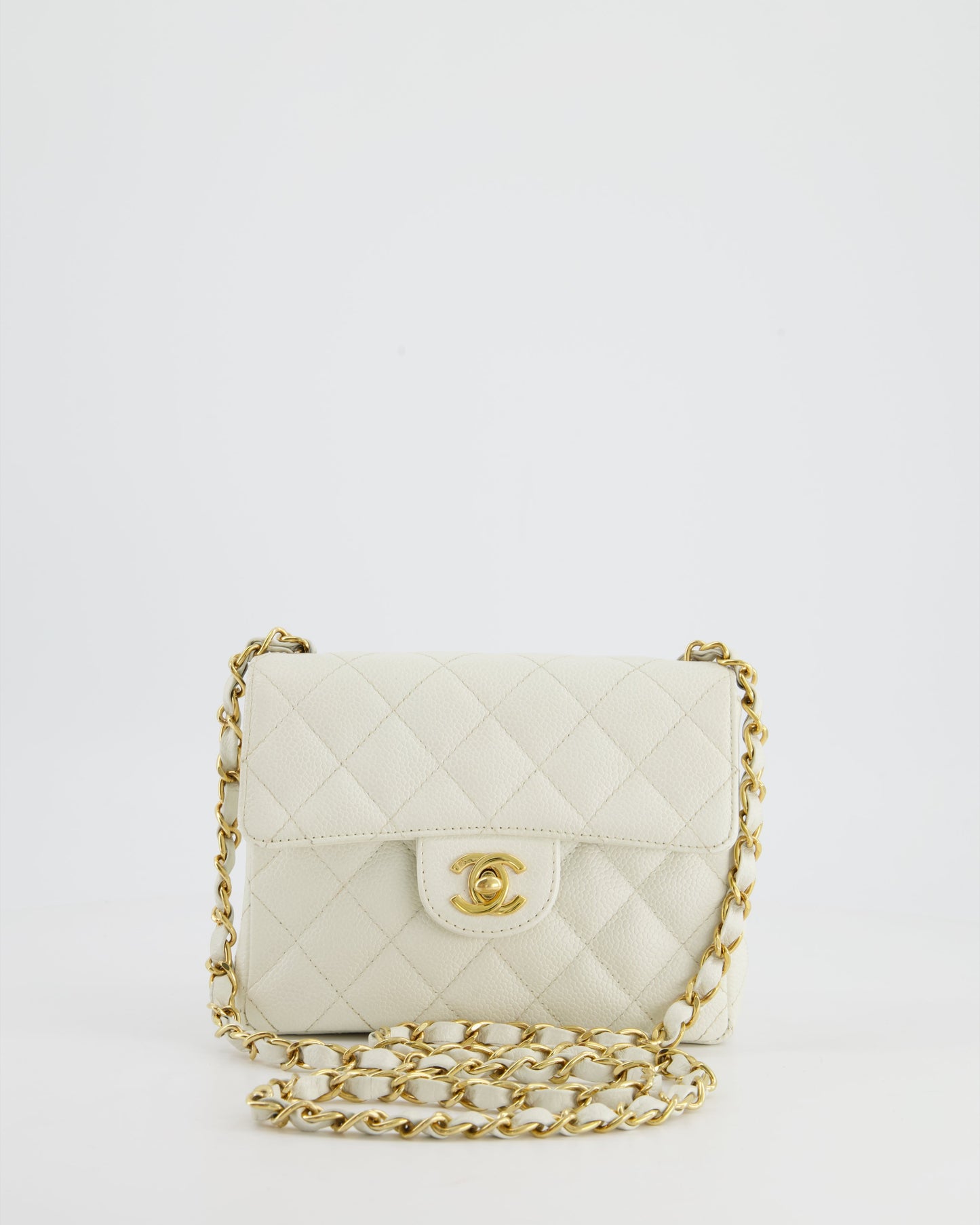 *RARE* Chanel   White Caviar Mini Square Flap Bag with 24K Gold Hardware