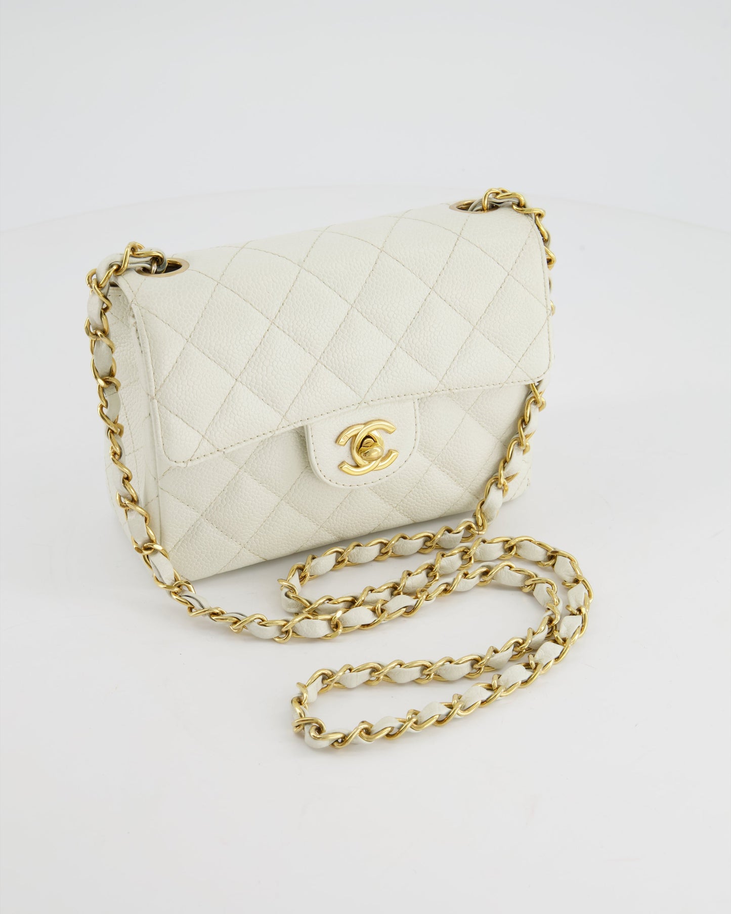 *RARE* Chanel   White Caviar Mini Square Flap Bag with 24K Gold Hardware