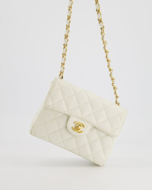 *RARE* Chanel   White Caviar Mini Square Flap Bag with 24K Gold Hardware