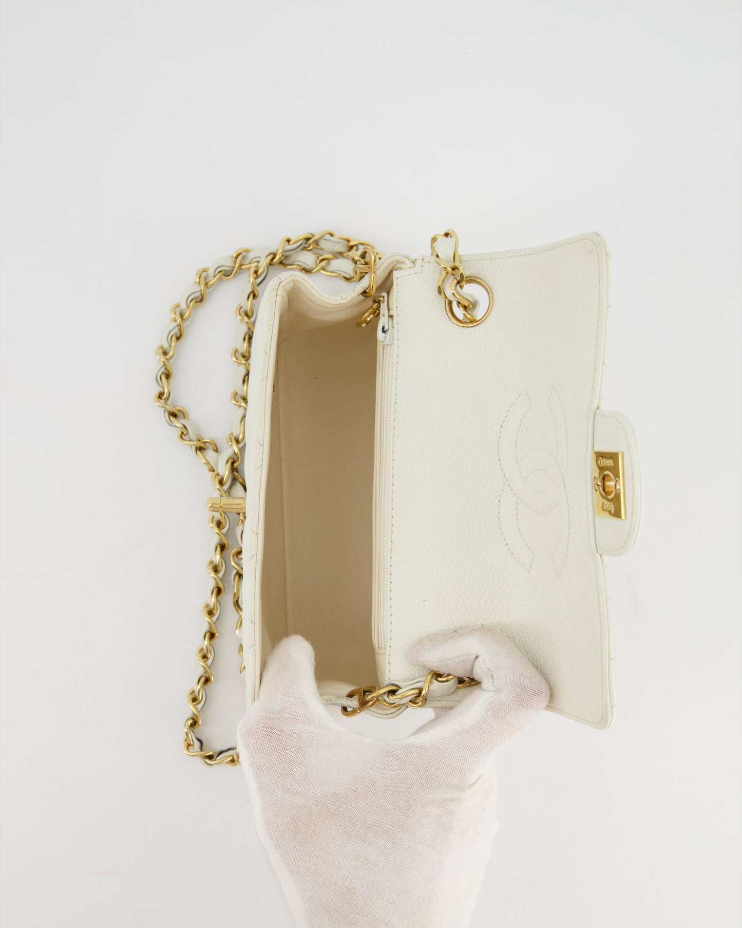 *RARE* Chanel   White Caviar Mini Square Flap Bag with 24K Gold Hardware